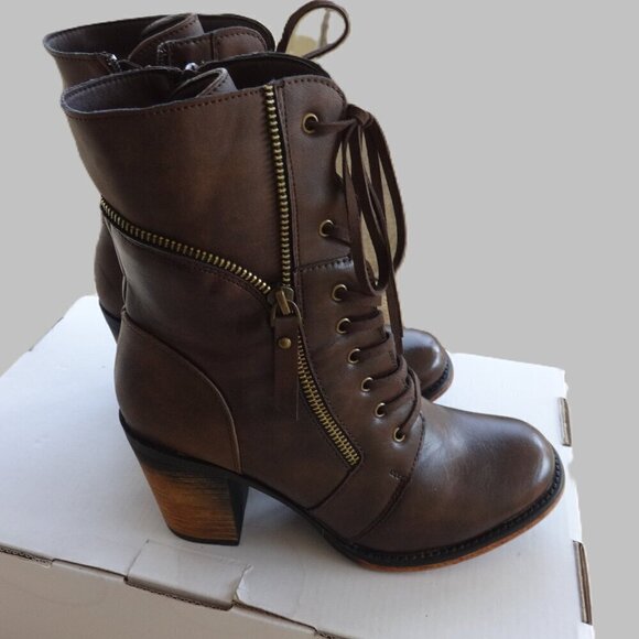 Pierre Dumas Ravenna, women's 8M  two tone brown lace up zip up boots, 2" heels - Picture 1 of 16